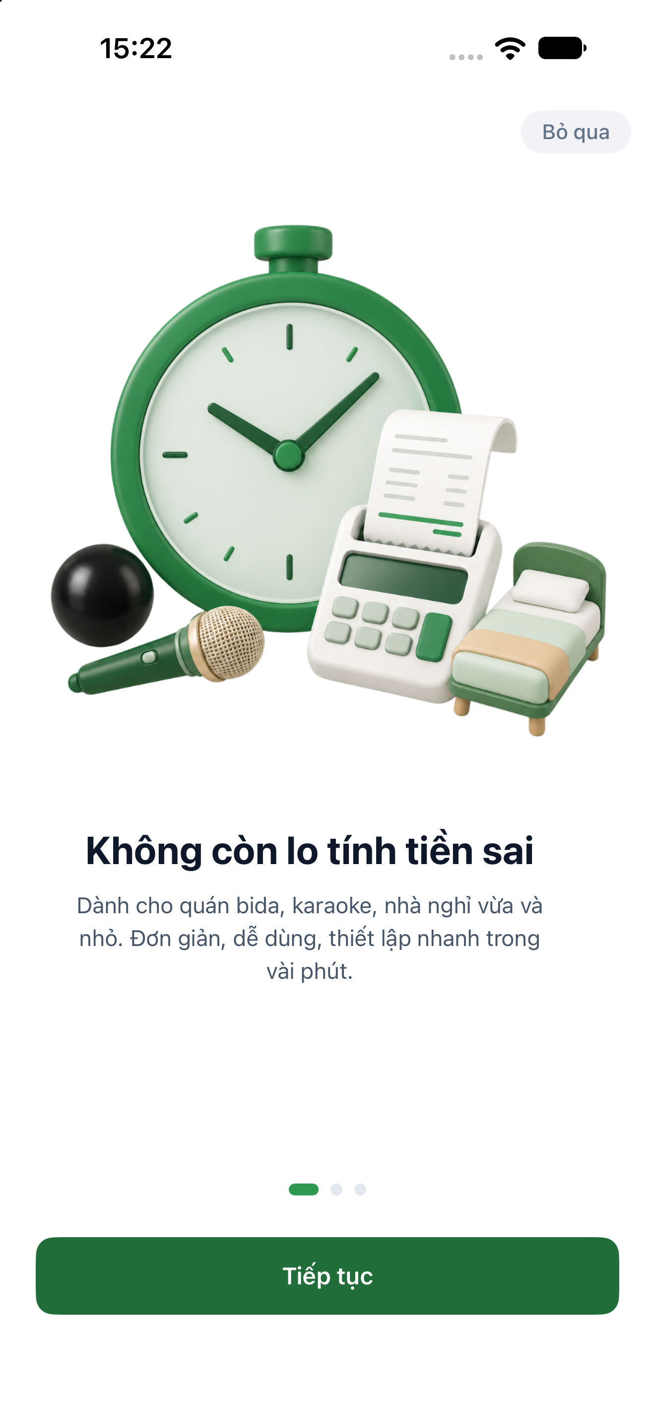 Màn hình giới thiệu đầu tiên của Tính Tiền Giờ khi mới mở app, với nội dung giới thiệu và nút Tiếp tục.