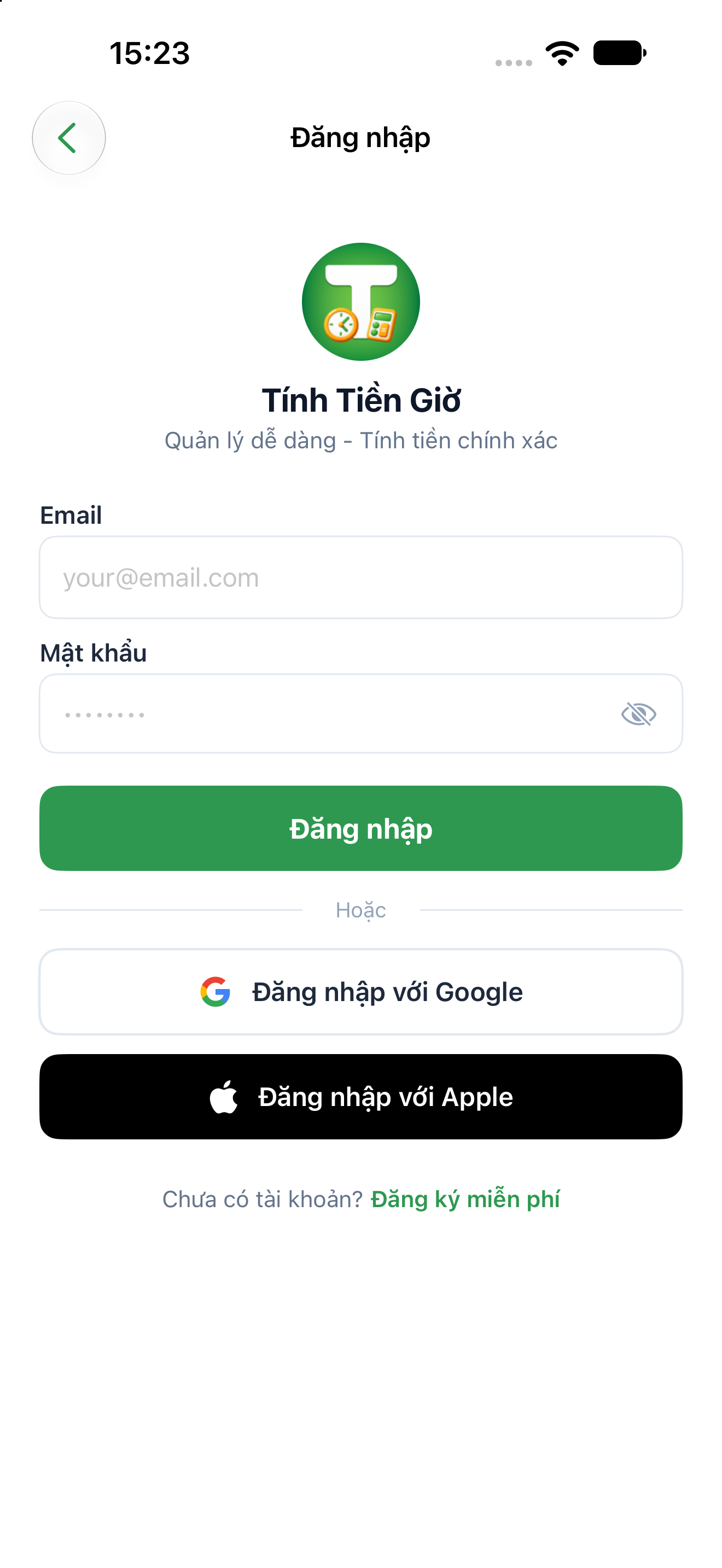 Màn hình Đăng nhập tài khoản Tính Tiền Giờ với các ô thông tin và nút Đăng nhập.