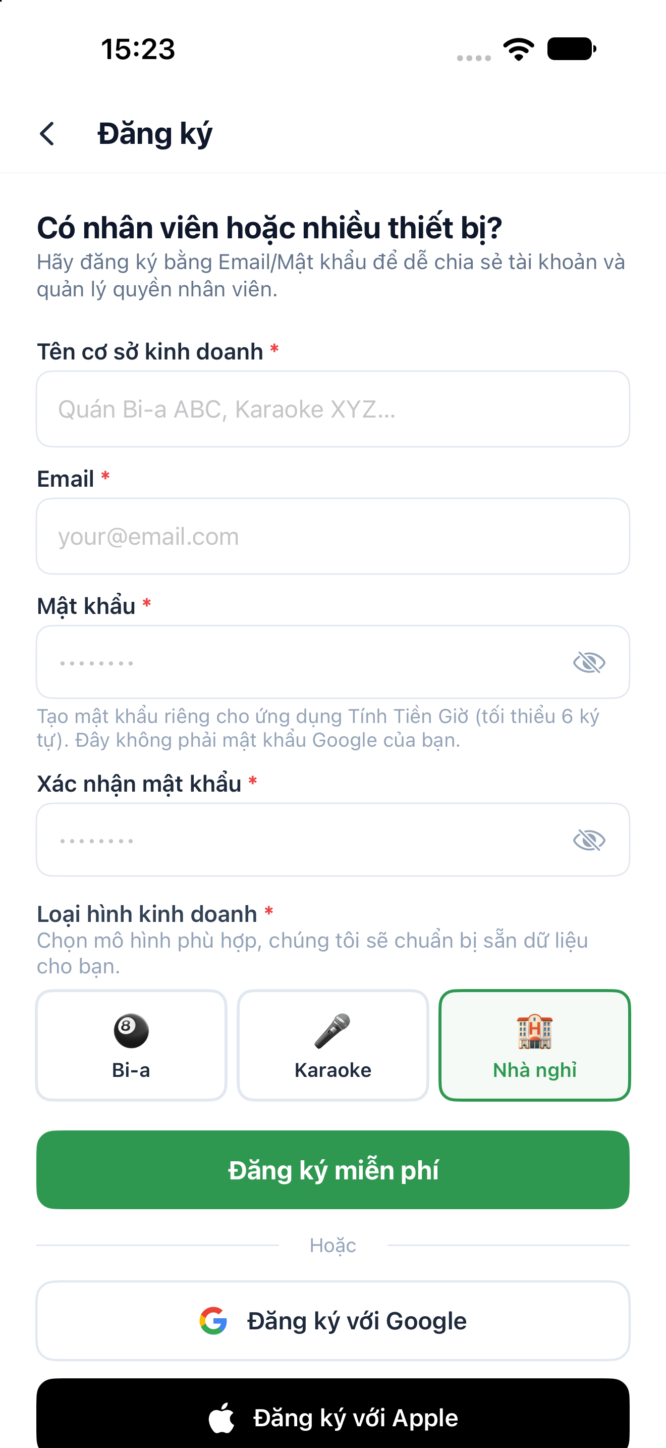 Màn hình Đăng ký tài khoản Tính Tiền Giờ với các thông tin cần điền và lựa chọn loại hình kinh doanh.