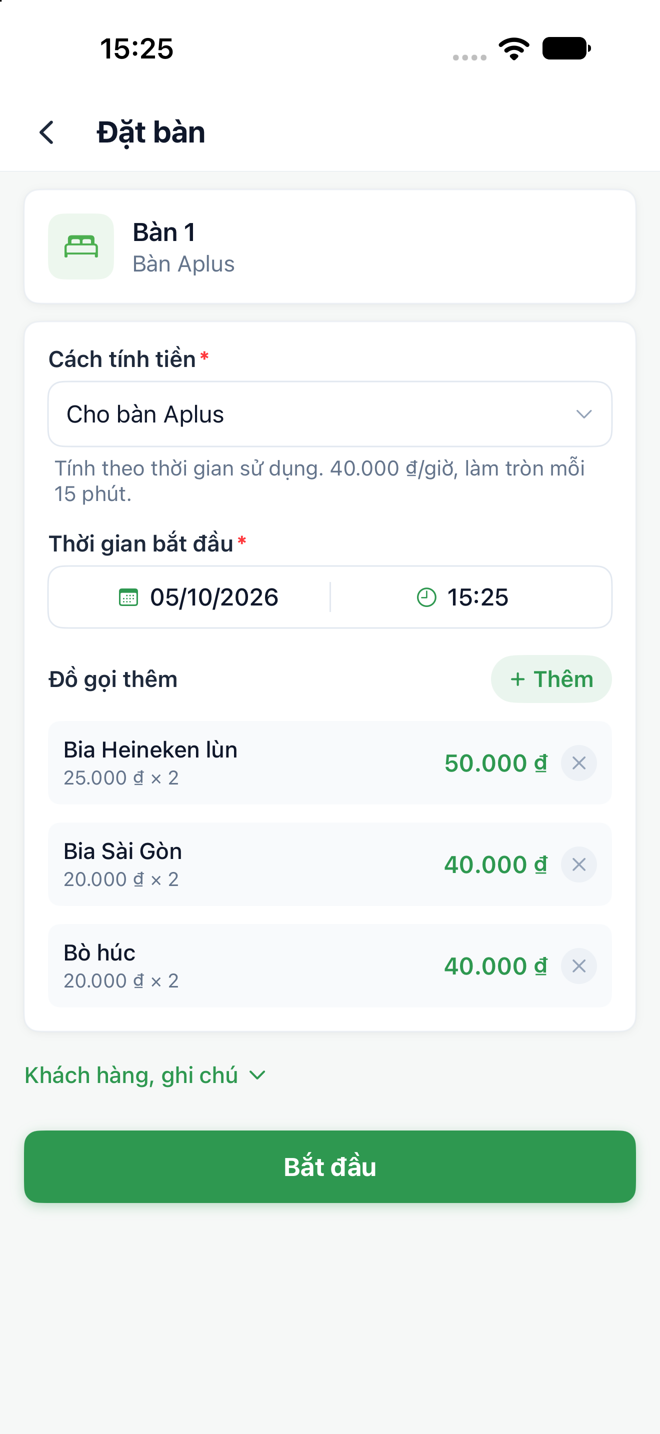 Màn hình bắt đầu sử dụng một bàn với tên bàn, Cách tính tiền, Thời gian bắt đầu và nút Bắt đầu.