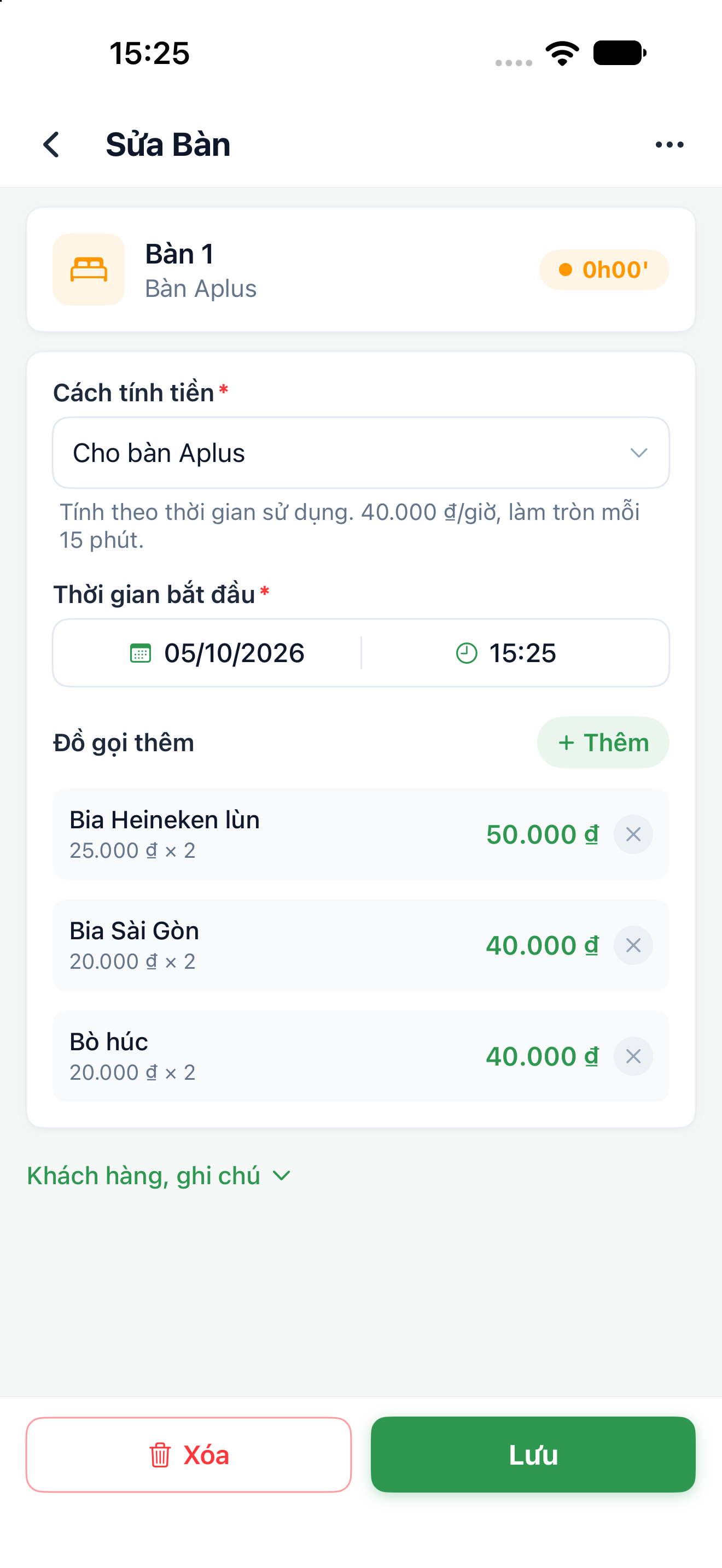 Màn hình sửa một bàn đang sử dụng với Cách tính tiền đã chọn, Thời gian bắt đầu và nút Lưu.