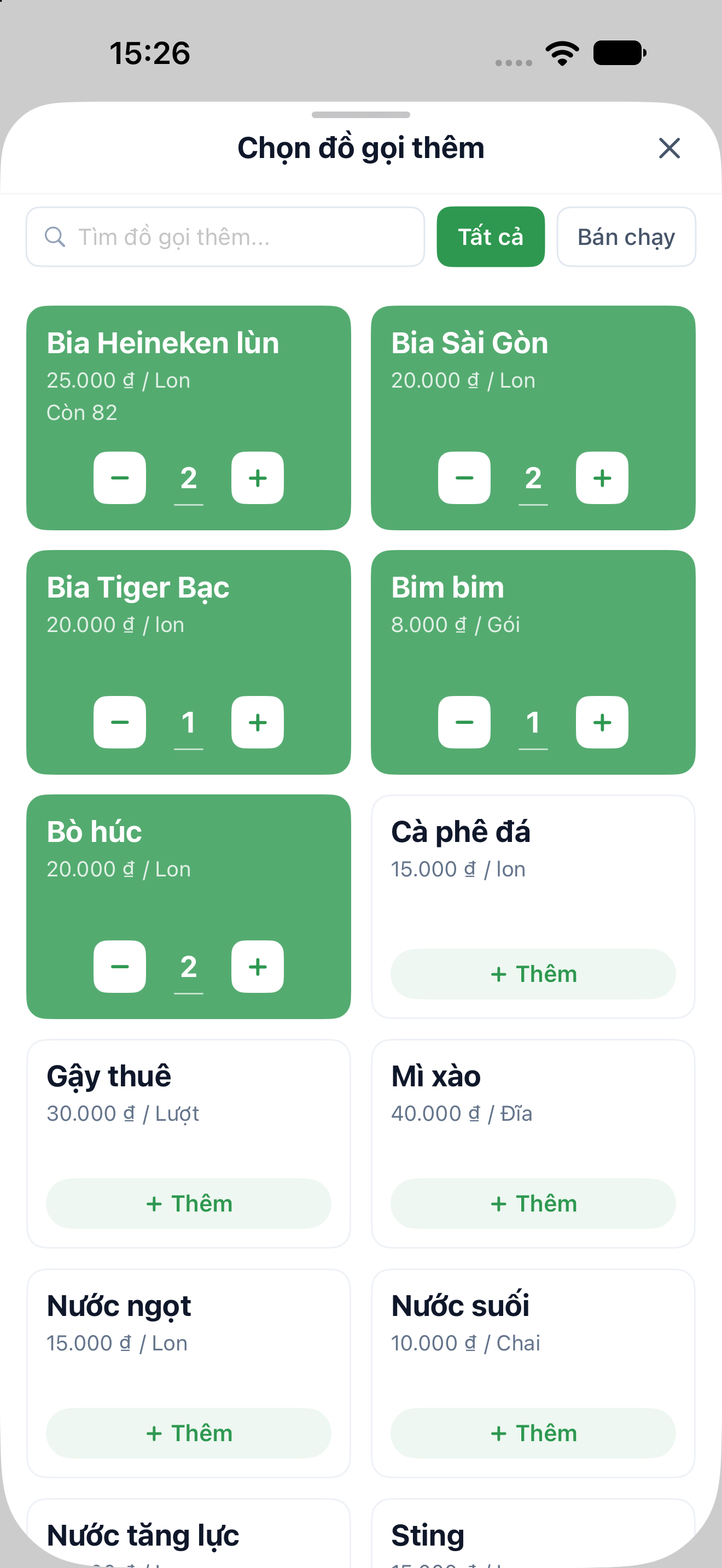 Bảng Chọn đồ gọi thêm với ô tìm kiếm, các món, số lượng đang chọn và dấu × để đóng.