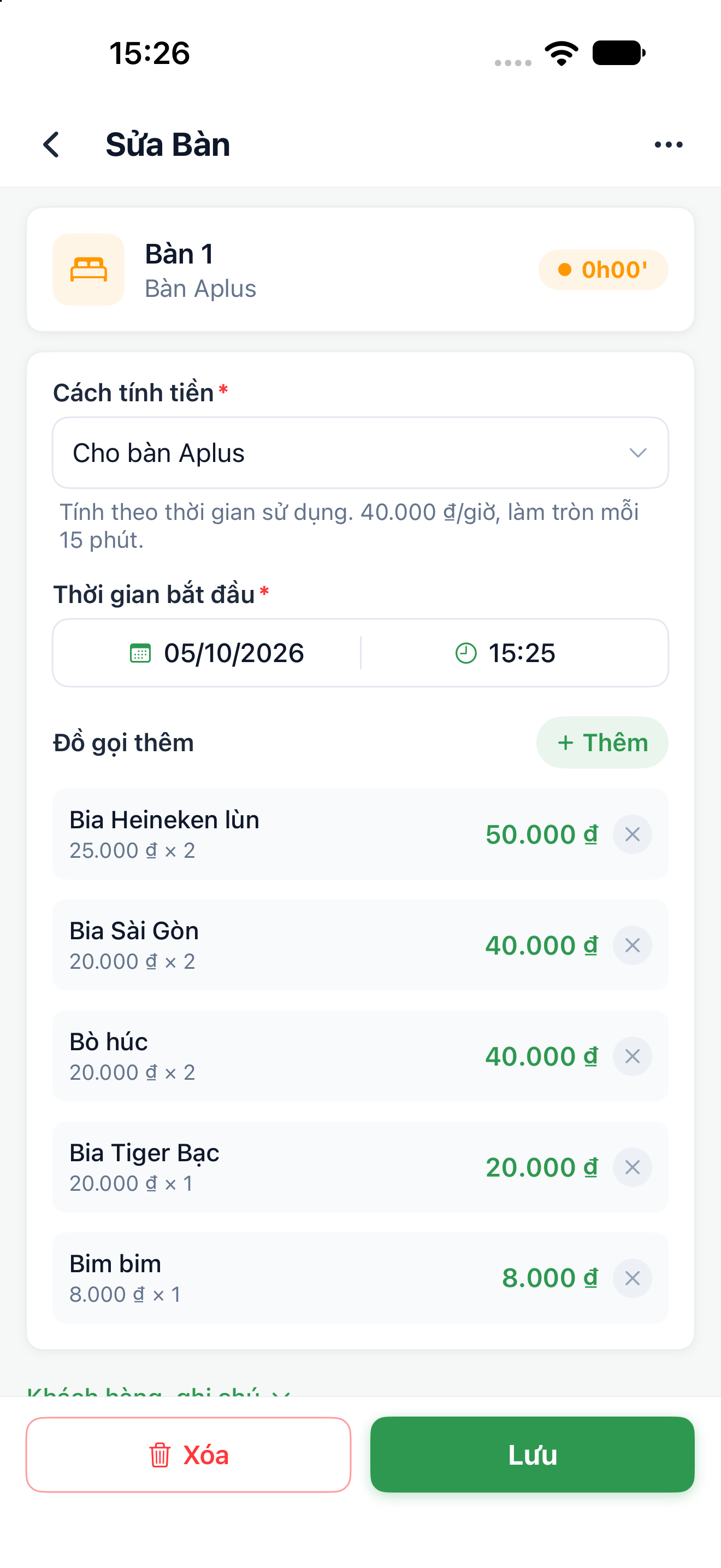 Màn hình sửa bàn đang sử dụng với tên bàn, danh sách đồ gọi thêm, số lượng từng món và nút Lưu.