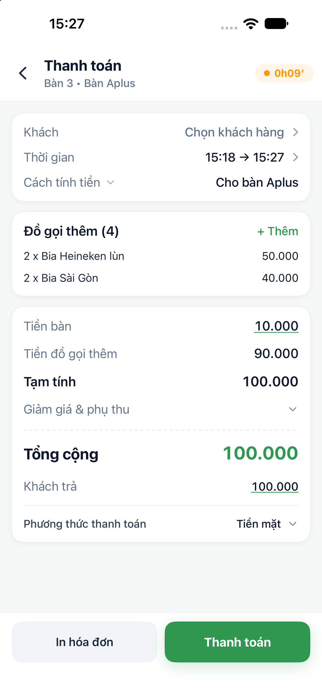 Chi tiết Thanh toán của một bàn với giờ bắt đầu, giờ kết thúc, cách tính và số tiền bàn để đối chiếu.