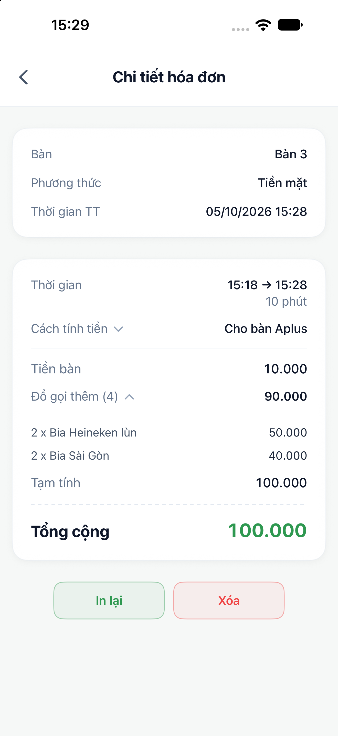 Chi tiết một hóa đơn đã thanh toán trong Hóa đơn với tiền bàn, các món, tổng tiền và chức năng in lại.