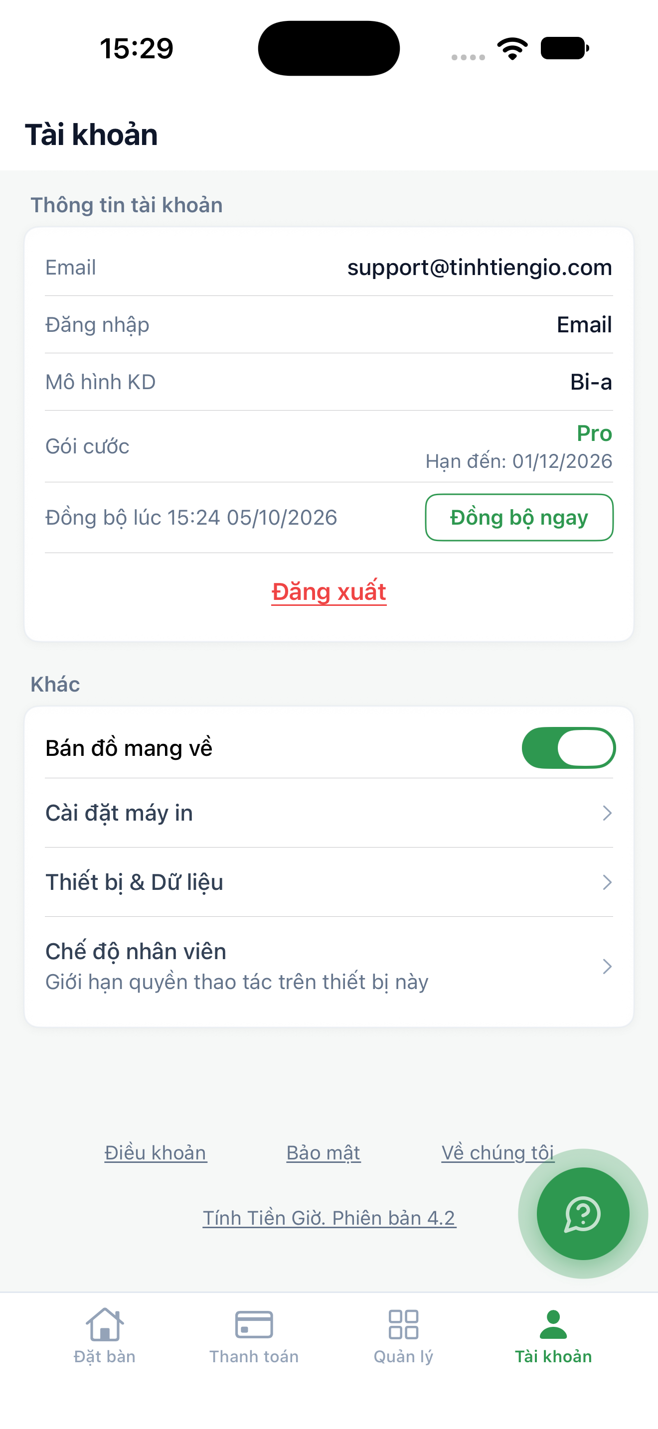 Màn hình Tài khoản với lựa chọn Bán đồ mang về đã bật.