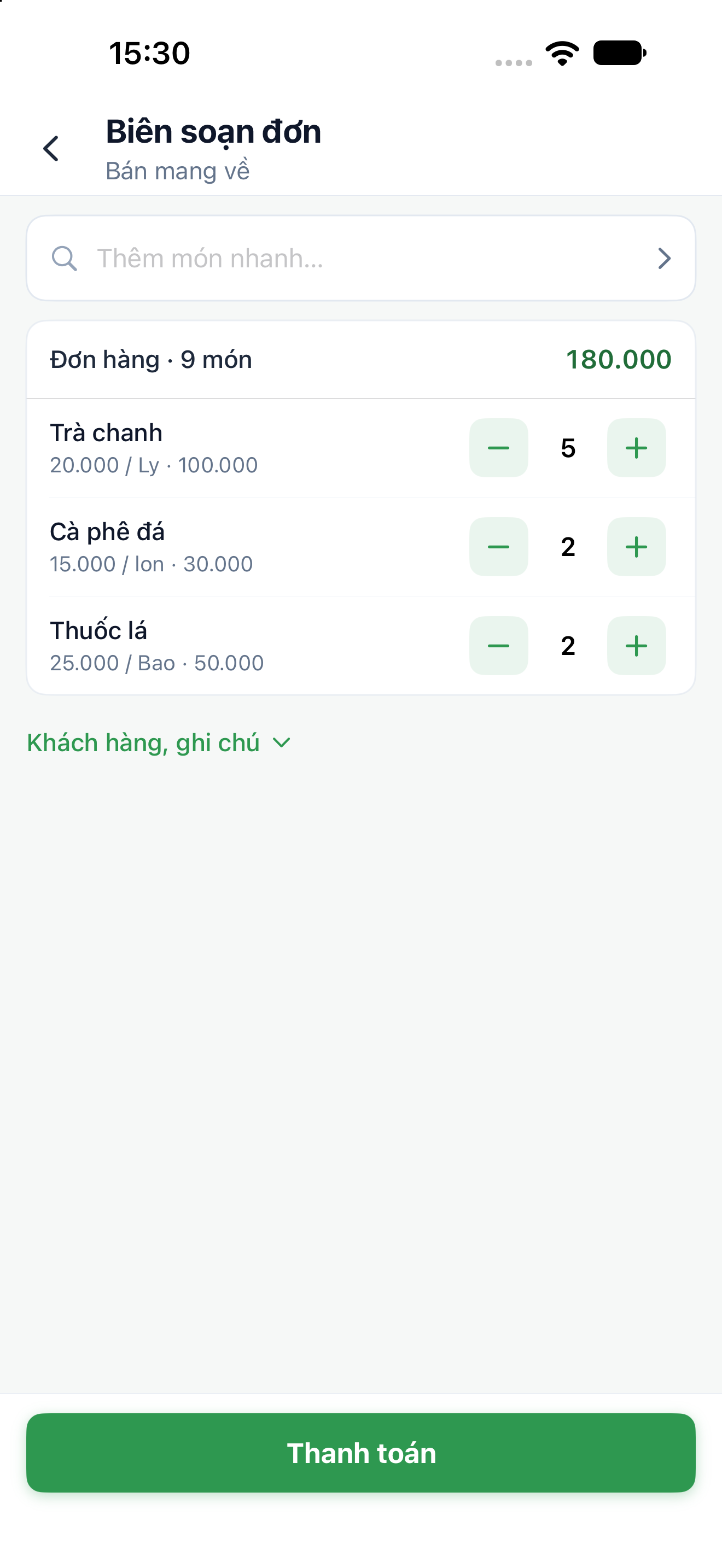 Màn hình Biên soạn đơn mang về với các món đã chọn, số lượng, mục Khách hàng, ghi chú và nút Thanh toán.