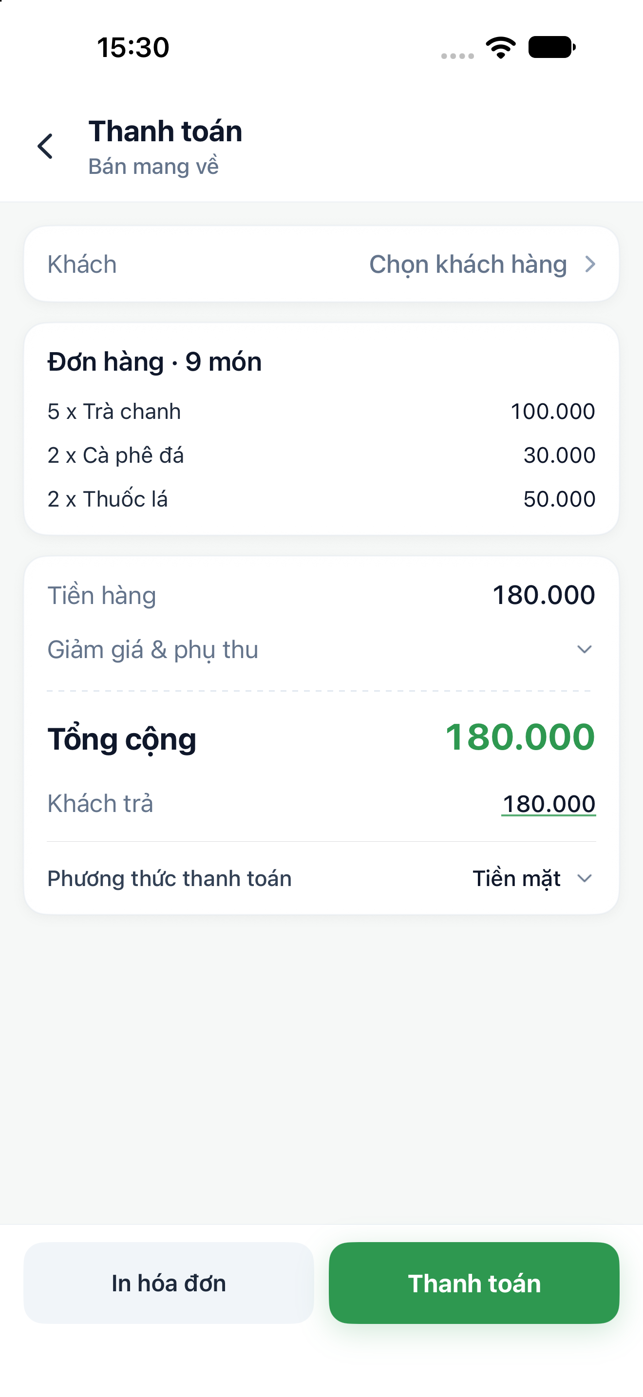 Màn hình Thanh toán đơn mang về với tiền hàng, tổng cộng, phương thức thanh toán và số tiền Khách trả.