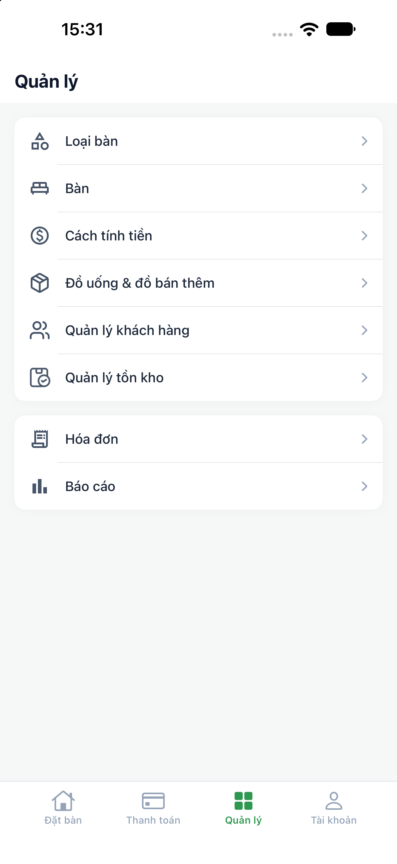 Màn hình Quản lý của Tính Tiền Giờ với các mục Loại bàn, Bàn, Cách tính tiền, Đồ uống & đồ bán thêm, Hóa đơn và Báo cáo.
