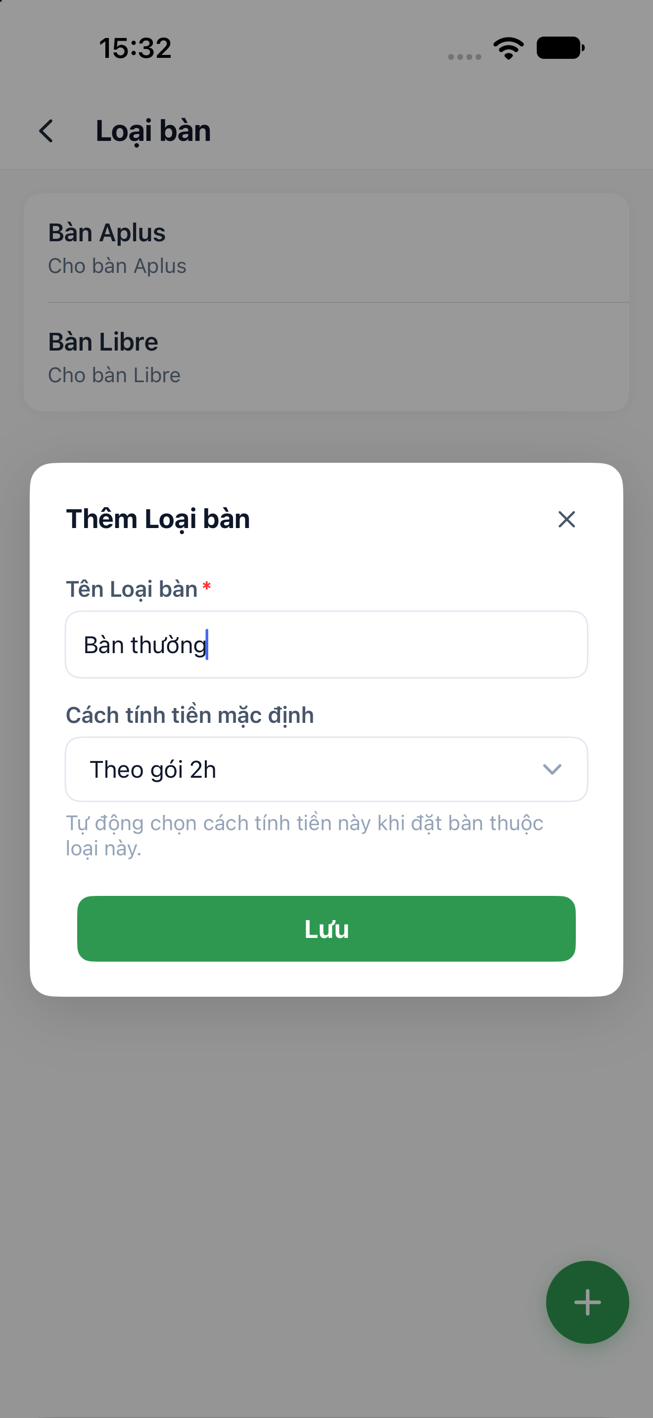 Màn hình thêm loại bàn với ô tên loại, Cách tính tiền mặc định và nút Lưu.