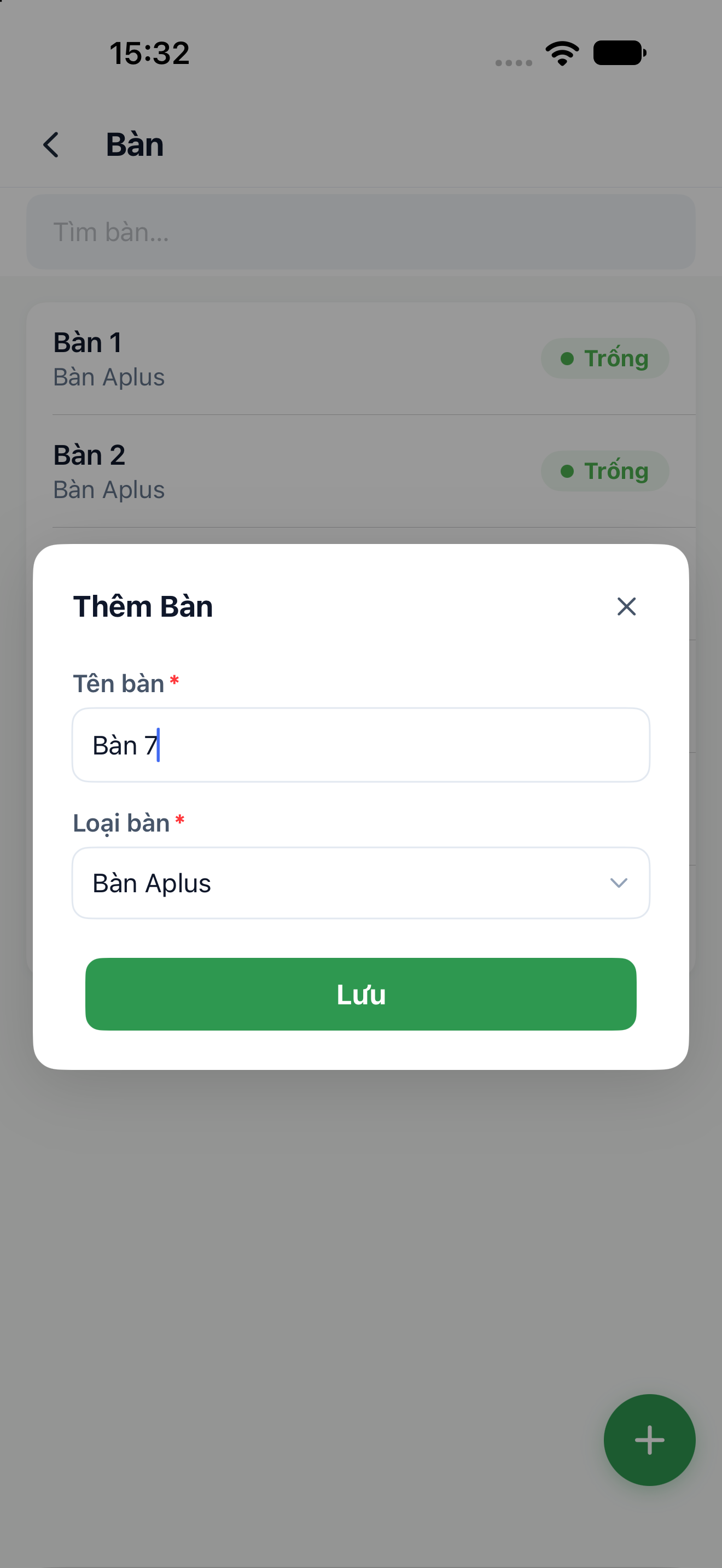 Màn hình thêm bàn với tên bàn, loại bàn đã chọn và nút Lưu.