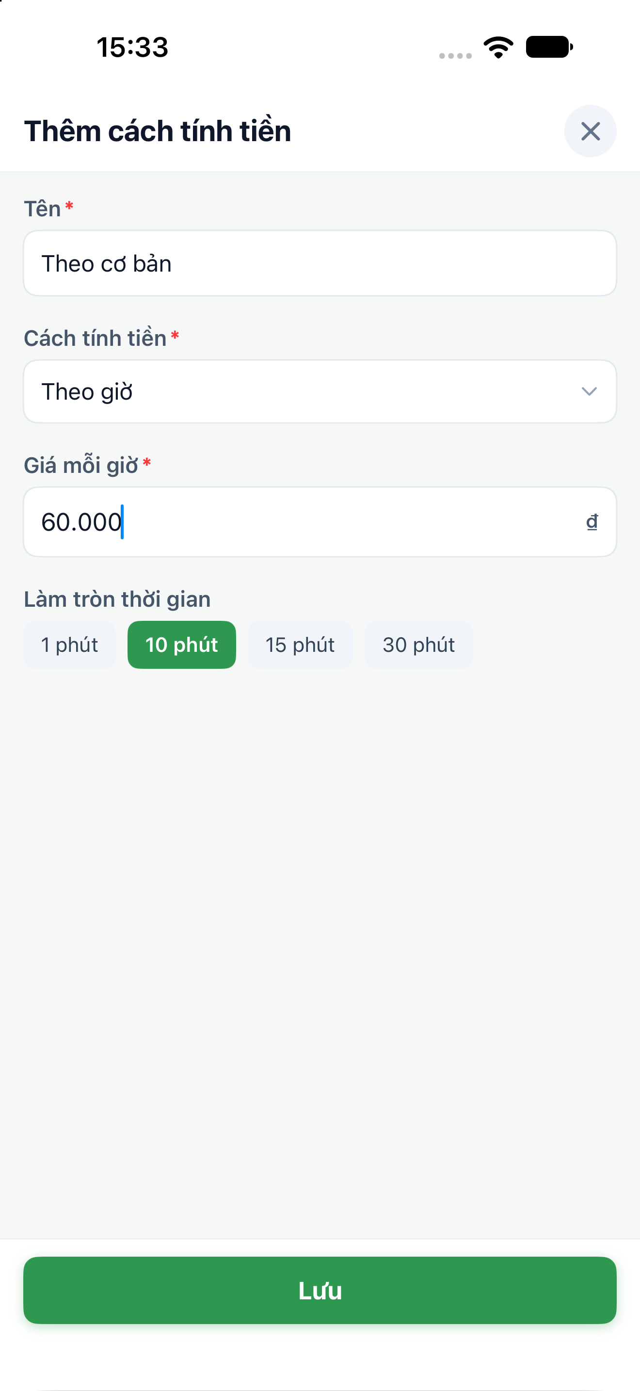 Màn hình thêm cách tính Theo giờ với Giá mỗi giờ và Làm tròn thời gian.