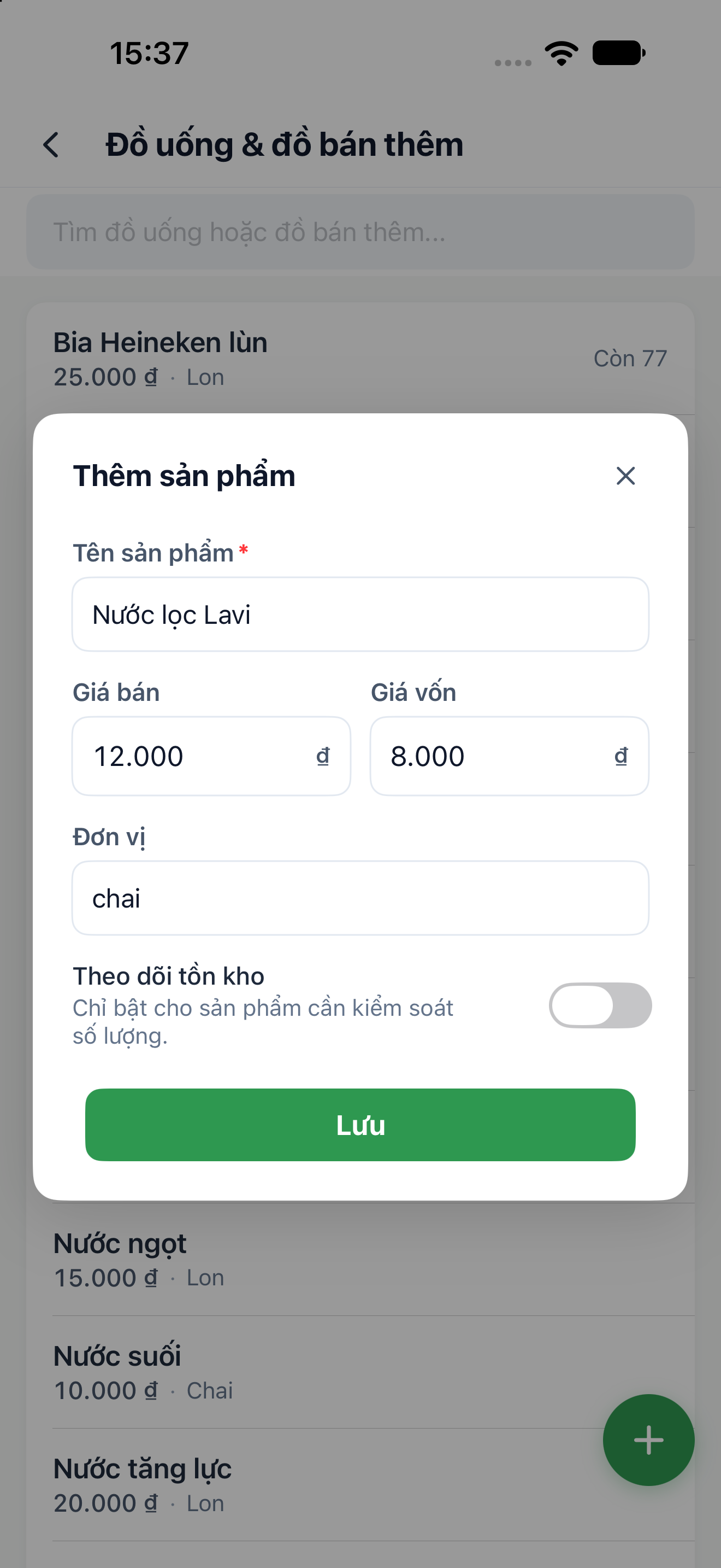 Màn hình Thêm sản phẩm với Tên sản phẩm, Giá bán, Giá vốn, Đơn vị và nút Lưu.