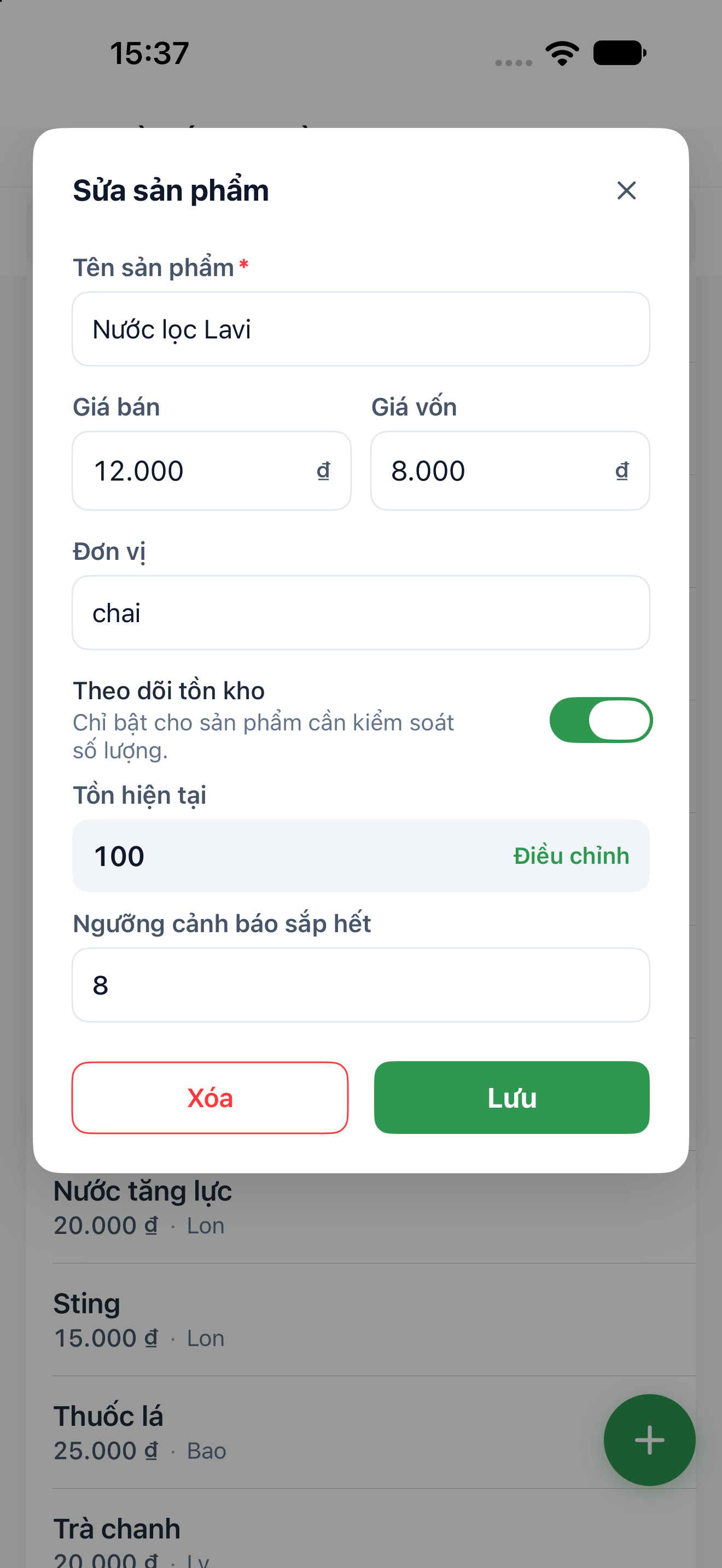 Phần Theo dõi tồn kho trong màn hình sản phẩm với Tồn ban đầu và mức cảnh báo sắp hết.