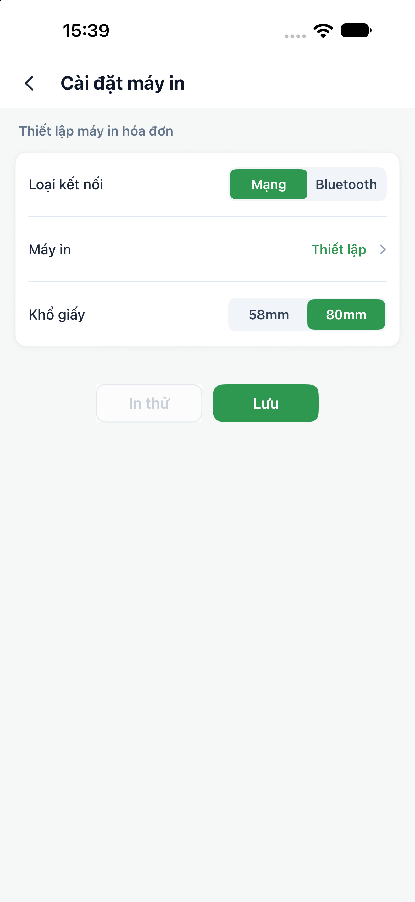 Màn hình Cài đặt máy in với Loại kết nối, Khổ giấy 58mm hoặc 80mm, mục Máy in, In thử và Lưu.
