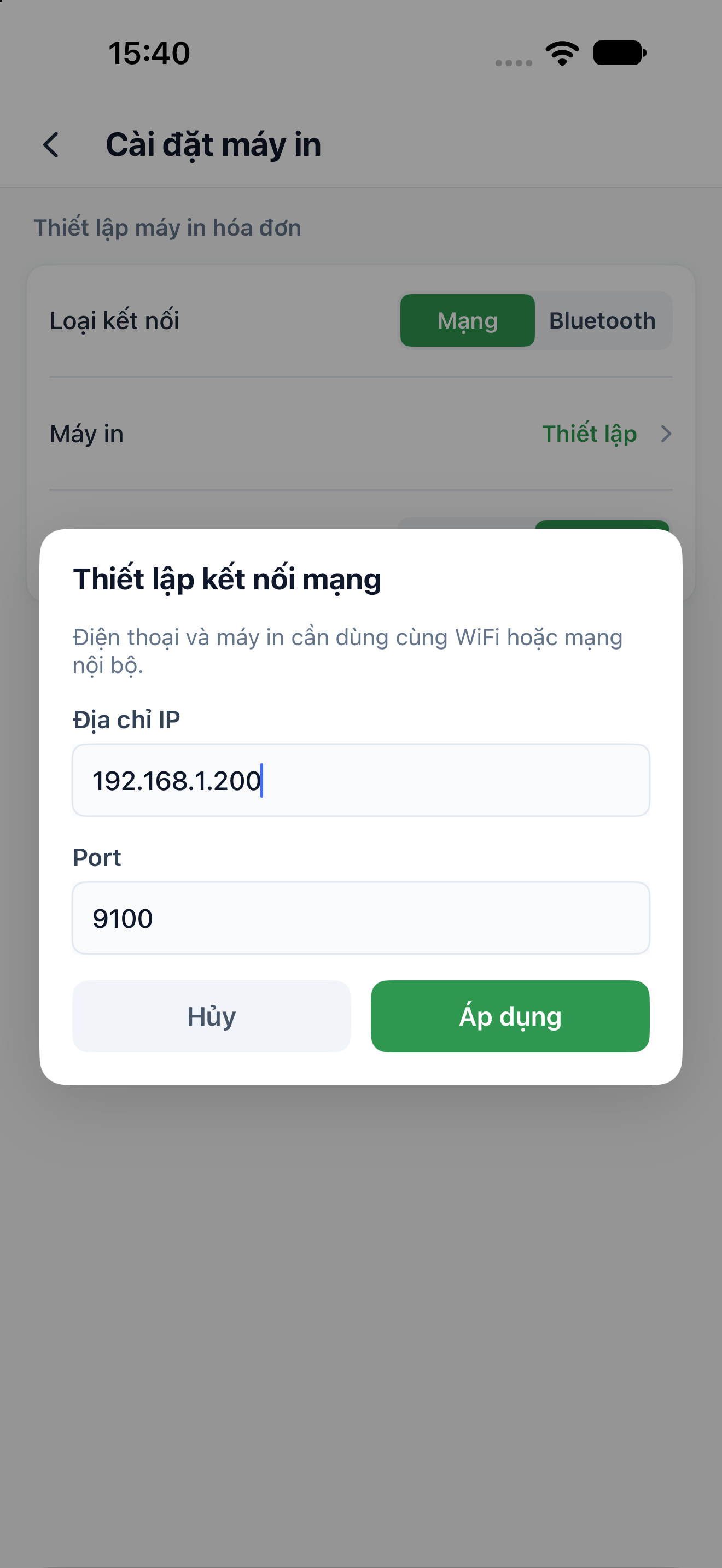 Cửa sổ Thiết lập kết nối mạng của máy in với Địa chỉ IP, Port, Hủy và Áp dụng.