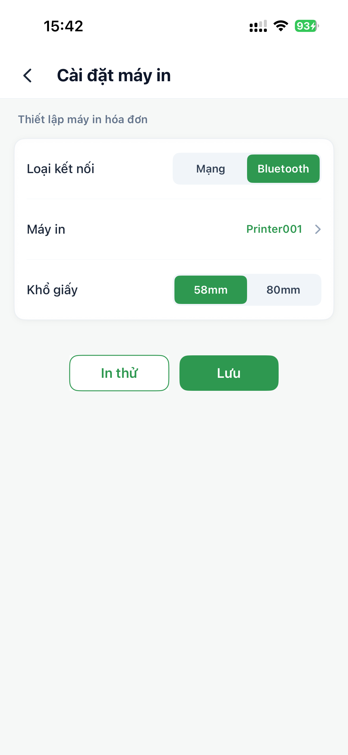 Màn hình Cài đặt máy in đã chọn Bluetooth, hiển thị tên máy đã lưu, khổ giấy và nút In thử.