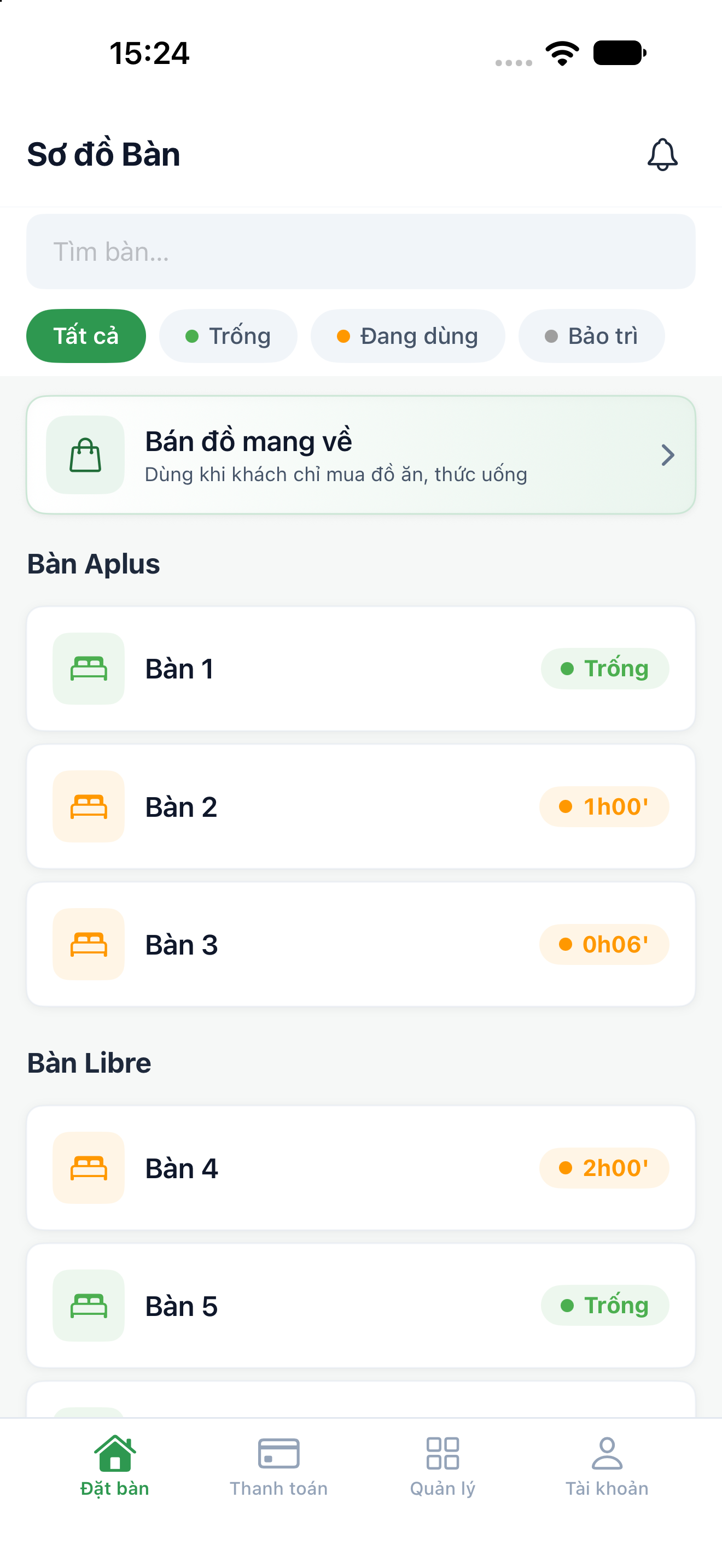 Giao diện Tính Tiền Giờ với bàn trống và thời gian các bàn đang sử dụng