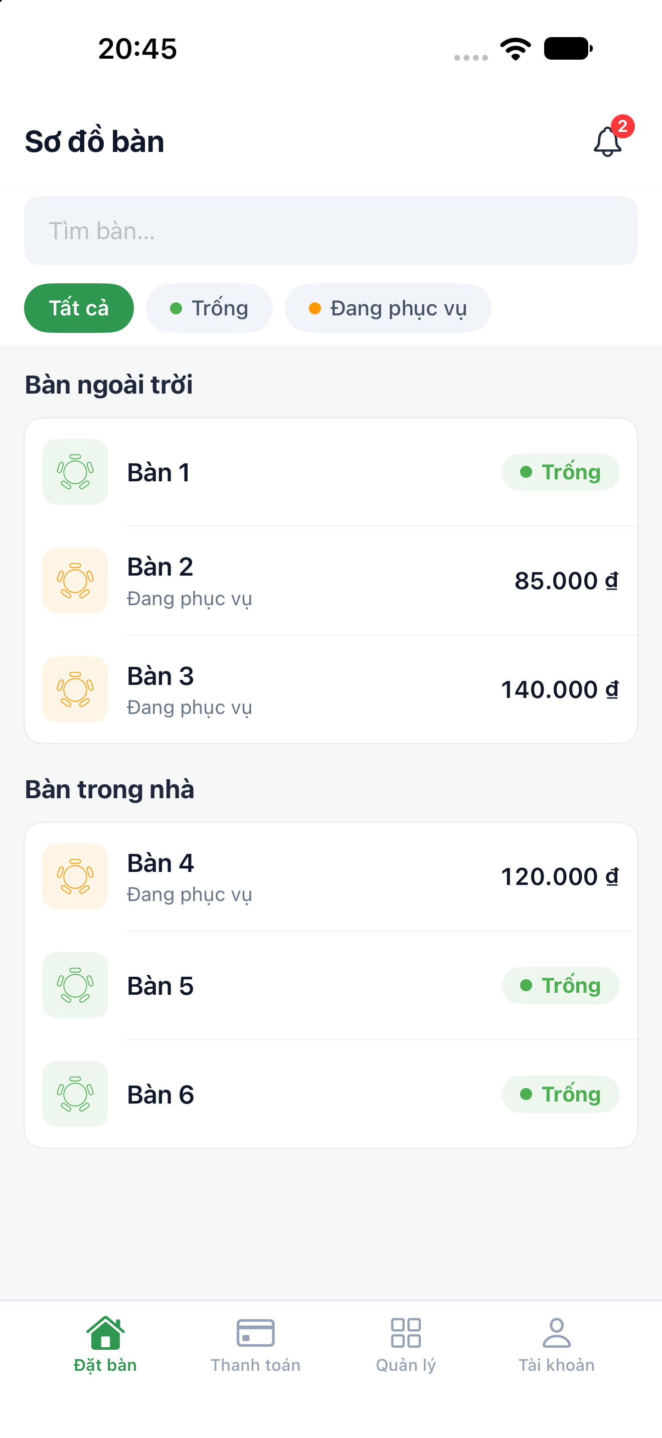 Giao diện Tính Tiền Quán với bàn trống và tổng tiền các bàn đang phục vụ